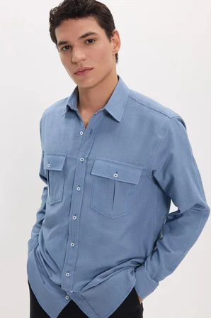 Erkek Regular Fit Klasik Kesim Oversize %100 Pamuk Keten Doku Çift Cep İndigo Gömlek