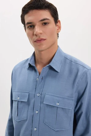 Erkek Regular Fit Klasik Kesim Oversize %100 Pamuk Keten Doku Çift Cep İndigo Gömlek