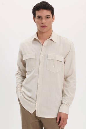 Erkek Regular Fit Klasik Kesim Oversize %100 Pamuk Keten Doku Çift Cep Bej Gömlek