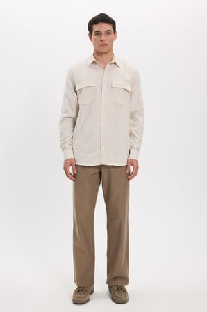 Erkek Regular Fit Klasik Kesim Oversize %100 Pamuk Keten Doku Çift Cep Bej Gömlek