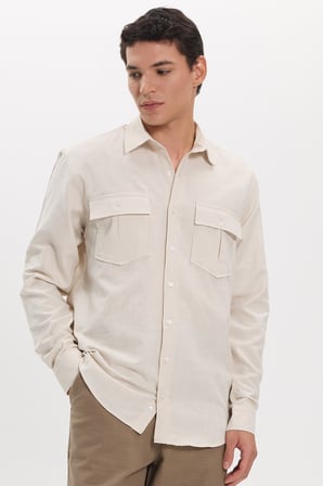 Erkek Regular Fit Klasik Kesim Oversize %100 Pamuk Keten Doku Çift Cep Bej Gömlek
