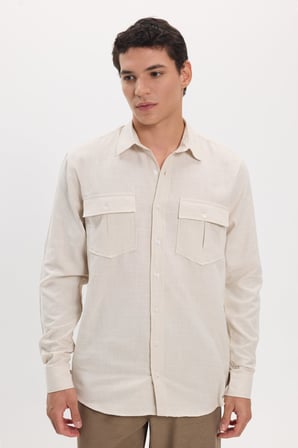 Erkek Regular Fit Klasik Kesim Oversize %100 Pamuk Keten Doku Çift Cep Bej Gömlek