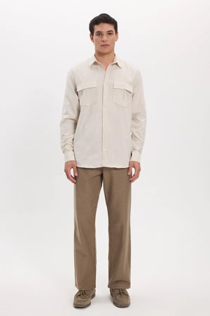 Erkek Regular Fit Klasik Kesim Oversize %100 Pamuk Keten Doku Çift Cep Bej Gömlek