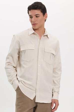Erkek Regular Fit Klasik Kesim Oversize %100 Pamuk Keten Doku Çift Cep Bej Gömlek