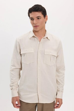 Erkek Regular Fit Klasik Kesim Oversize %100 Pamuk Keten Doku Çift Cep Bej Gömlek