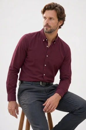 Erkek Slim Fit Dar Kesim %100 Pamuk Düğmeli Yaka Flam Keten Bordo Gömlek