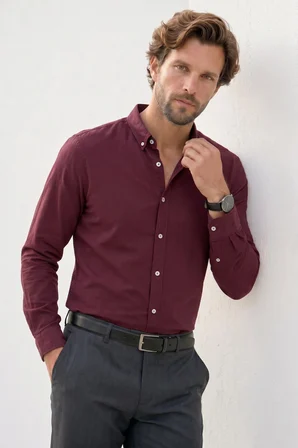 Erkek Slim Fit Dar Kesim %100 Pamuk Düğmeli Yaka Flam Keten Bordo Gömlek