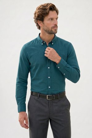 Erkek Slim Fit Dar Kesim %100 Pamuk Düğmeli Yaka Flam Keten Yeşil Gömlek