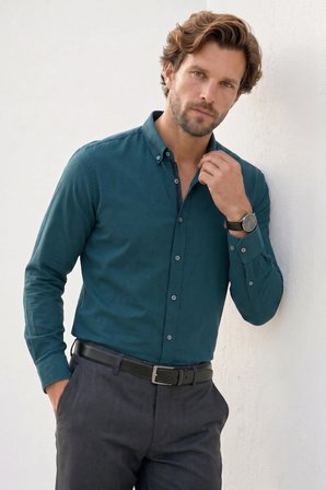 Erkek Slim Fit Dar Kesim %100 Pamuk Düğmeli Yaka Flam Keten Yeşil Gömlek