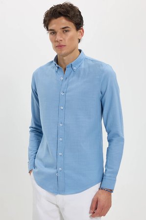 Erkek Slim Fit Dar Kesim %100 Pamuk Düğmeli Yaka Flam Keten Mavi Gömlek
