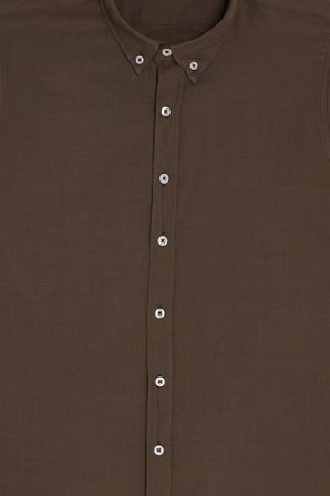 Erkek Slim Fit Dar Kesim %100 Pamuk Düğmeli Yaka Flam Keten Haki Gömlek