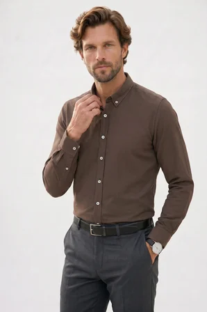 Erkek Slim Fit Dar Kesim %100 Pamuk Düğmeli Yaka Flam Keten Haki Gömlek