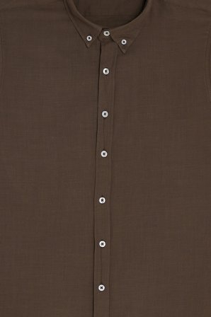 Erkek Slim Fit Dar Kesim %100 Pamuk Düğmeli Yaka Flam Keten Haki Gömlek