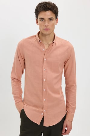 Erkek Slim Fit Dar Kesim %100 Pamuk Düğmeli Yaka Flam Keten Turuncu Gömlek