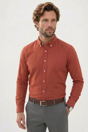 Erkek Slim Fit Dar Kesim %100 Pamuk Düğmeli Yaka Flam Keten Turuncu Gömlek