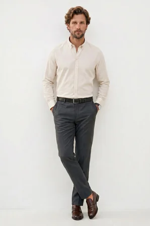 Erkek Slim Fit Dar Kesim %100 Pamuk Düğmeli Yaka Flam Keten Ekru Gömlek