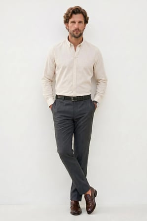 Erkek Slim Fit Dar Kesim %100 Pamuk Düğmeli Yaka Flam Keten Ekru Gömlek
