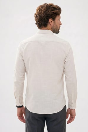 Erkek Slim Fit Dar Kesim %100 Pamuk Düğmeli Yaka Flam Keten Ekru Gömlek