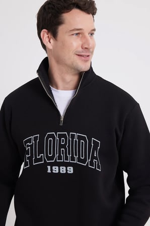 Erkek Relax Fit Rahat Kesim Pamuklu Yarım Fermuarlı Baskılı Siyah Sweatshirt