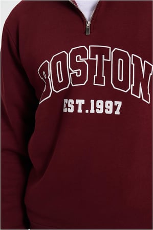 Erkek Relax Fit Rahat Kesim Pamuklu Yarım Fermuarlı Baskılı Bordo Sweatshirt