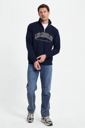 Erkek Relax Fit Rahat Kesim Pamuklu Yarım Fermuarlı Baskılı Lacivert Sweatshirt