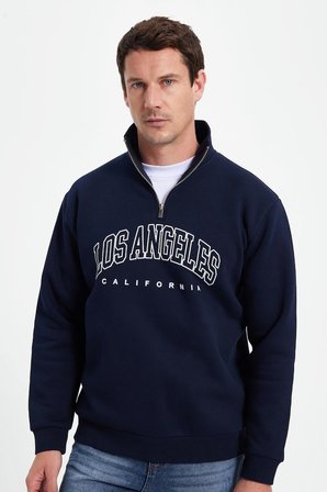 Erkek Relax Fit Rahat Kesim Pamuklu Yarım Fermuarlı Baskılı Lacivert Sweatshirt