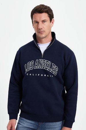 Erkek Relax Fit Rahat Kesim Pamuklu Yarım Fermuarlı Baskılı Lacivert Sweatshirt