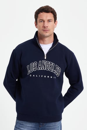 Erkek Relax Fit Rahat Kesim Pamuklu Yarım Fermuarlı Baskılı Lacivert Sweatshirt