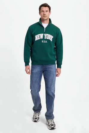 Erkek Relax Fit Rahat Kesim Pamuklu Yarım Fermuarlı Baskılı Haki Sweatshirt