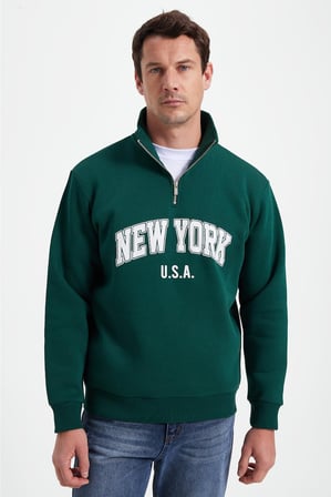 Erkek Relax Fit Rahat Kesim Pamuklu Yarım Fermuarlı Baskılı Haki Sweatshirt