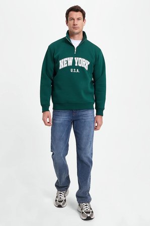 Erkek Relax Fit Rahat Kesim Pamuklu Yarım Fermuarlı Baskılı Haki Sweatshirt
