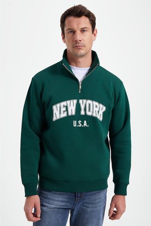 Erkek Relax Fit Rahat Kesim Pamuklu Yarım Fermuarlı Baskılı Haki Sweatshirt
