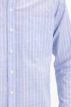 Erkek Regular Fit Klasik Kesim Oversize Uzun Kollu %100 Pamuk Keten Doku Tek Cepli Mavi Çizgili Gömlek