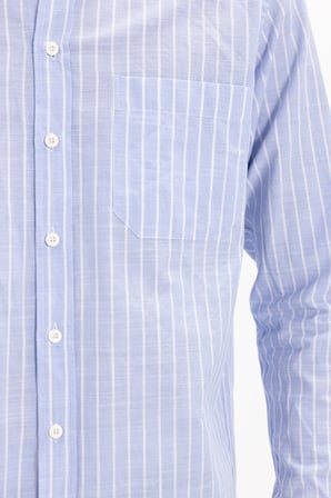 Erkek Regular Fit Klasik Kesim Oversize Uzun Kollu %100 Pamuk Keten Doku Tek Cepli Mavi Çizgili Gömlek