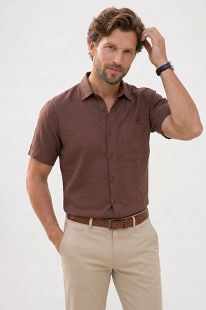 Erkek Relax Fit Rahat Kesim Kısa Kollu %100 Pamuk Tek Cepli Kahverengi Gömlek