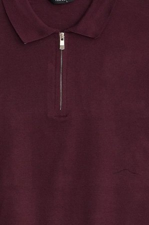 Erkek Slim Fit Dar Kesim Pamuklu Örme Triko Fermuarlı Bordo Polo Yaka Tişört