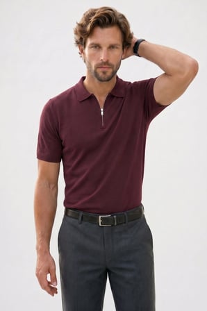 Erkek Slim Fit Dar Kesim Pamuklu Örme Triko Fermuarlı Bordo Polo Yaka Tişört