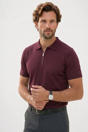 Erkek Slim Fit Dar Kesim Pamuklu Örme Triko Fermuarlı Bordo Polo Yaka Tişört