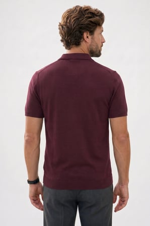 Erkek Slim Fit Dar Kesim Pamuklu Örme Triko Fermuarlı Bordo Polo Yaka Tişört