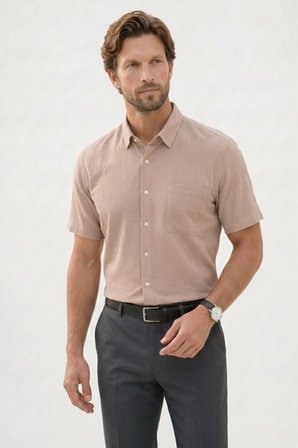 Erkek Relax Fit Rahat Kesim Kısa Kollu Apaş Yaka Jakarlı Kumaş Örme Düz Bej Gömlek