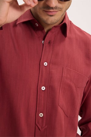 Erkek Regular Fit Rahat Kesim Cepli Keten Efektli Düz Bordo Gömlek