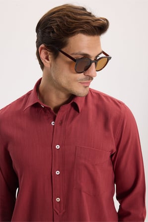 Erkek Regular Fit Rahat Kesim Cepli Keten Efektli Düz Bordo Gömlek