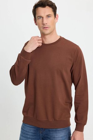 Erkek 3'lü Kahverengi-Taş-Siyah Relax Fit Rahat Kesim %100 Pamuk 2 İplik Bisiklet Yaka Sweatshirt
