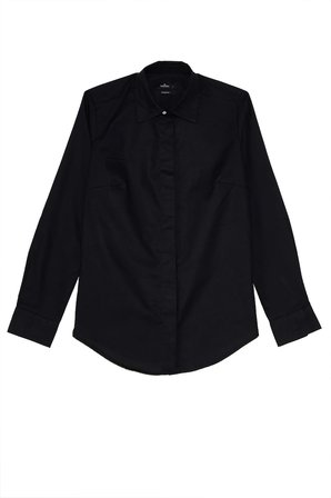Kadın Slim Fit Dar Kesim %100 Pamuk Spor Yaka Gizli Pat Uzun Kollu Düz Oxford Leke Tutmaz Siyah Gömlek
