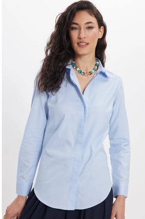 Kadın Slim Fit Dar Kesim %100 Pamuk Spor Yaka Gizli Pat Uzun Kollu Düz Oxford Leke Tutmaz Mavi Gömlek