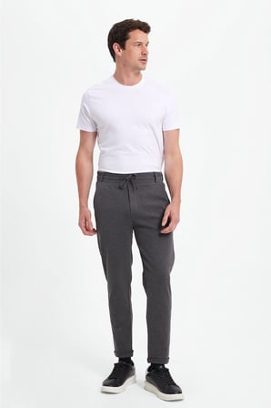 Erkek Slim Fit Pamuklu Beli Bağlamalı Yan Cepli Katlamalı Paça Jogger Gri Pantolon