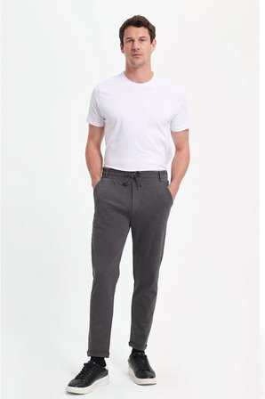 Erkek Slim Fit Pamuklu Beli Bağlamalı Yan Cepli Katlamalı Paça Jogger Gri Pantolon