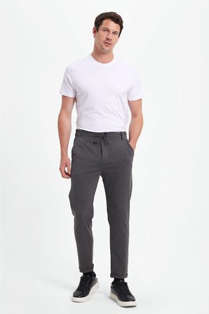 Erkek Slim Fit Pamuklu Beli Bağlamalı Yan Cepli Katlamalı Paça Jogger Gri Pantolon