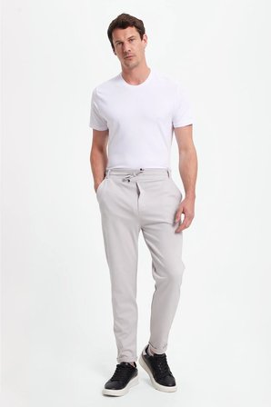 Erkek Slim Fit Pamuklu Beli Bağlamalı Yan Cepli Katlamalı Paça Jogger Gri Pantolon