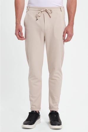 Erkek Slim Fit Pamuklu Beli Bağlamalı Yan Cepli Katlamalı Paça Jogger Bej Pantolon